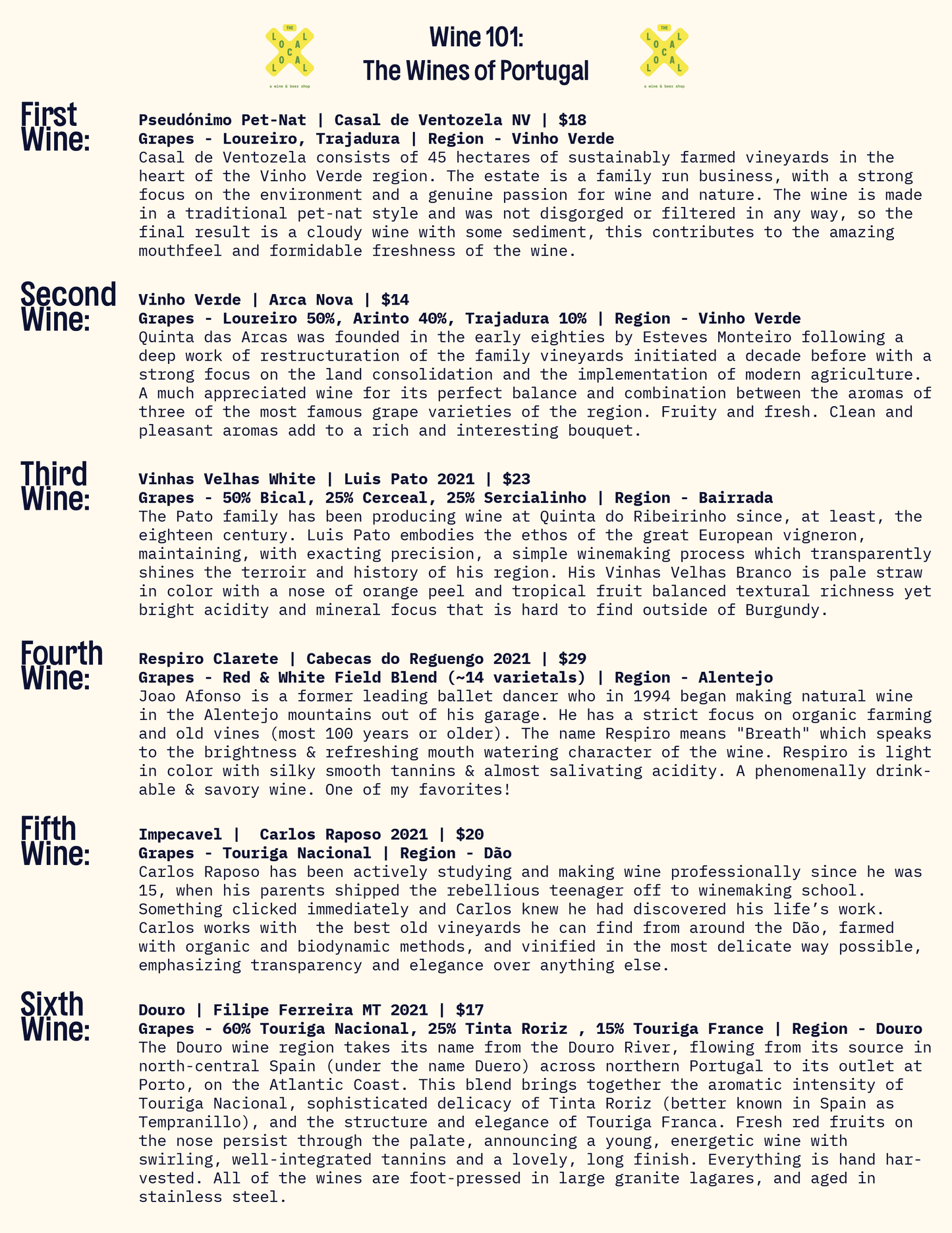 Wine 101: The Wines of Portugal - 6pm-7:30pm - 1/8/24