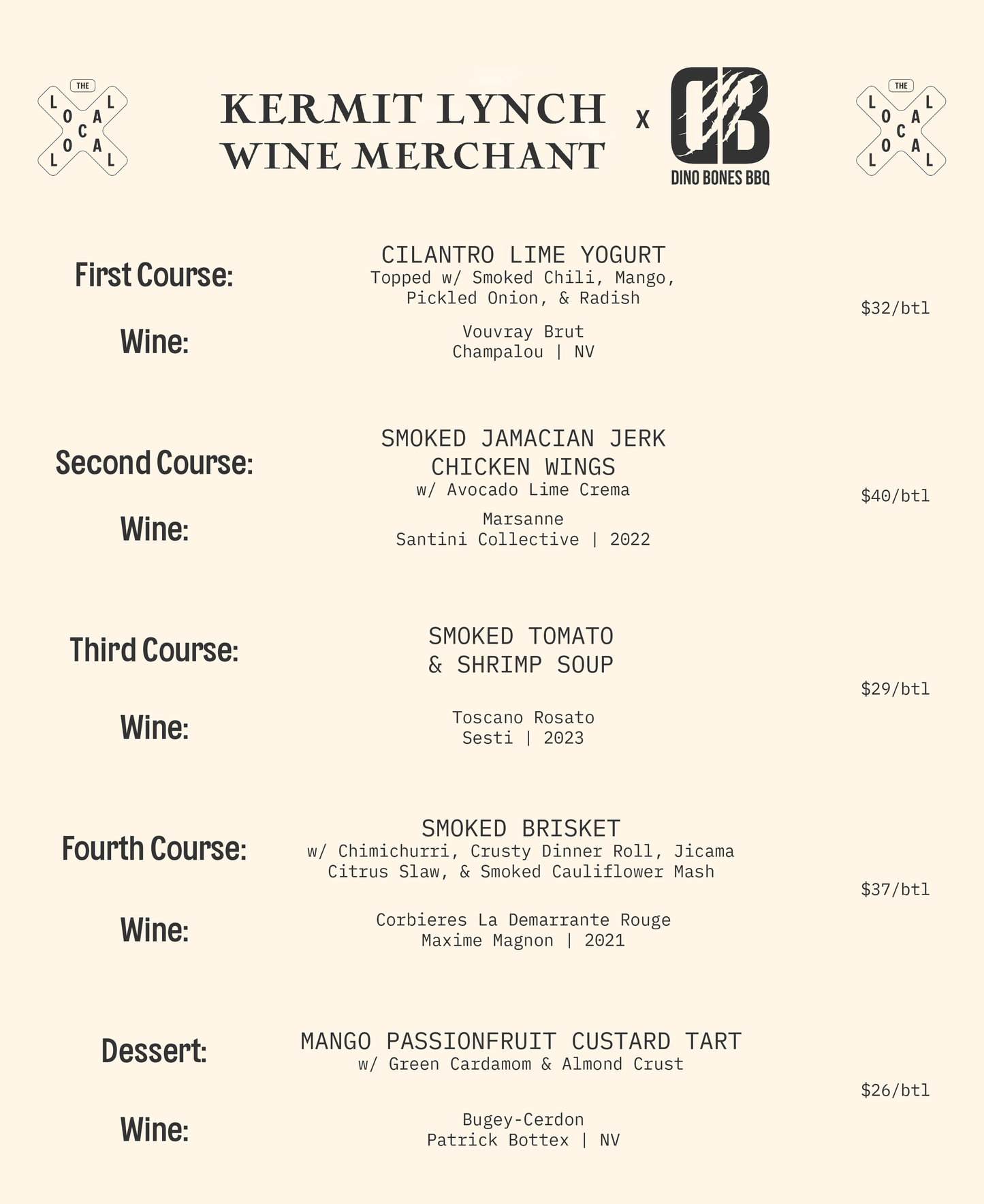 A Dinner w/ Wine Pairings: Hosted by Kermit Lynch's Lisa Strausser & DinoBones BBQ's Hannah Long - 6pm-8pm - 3/13/25