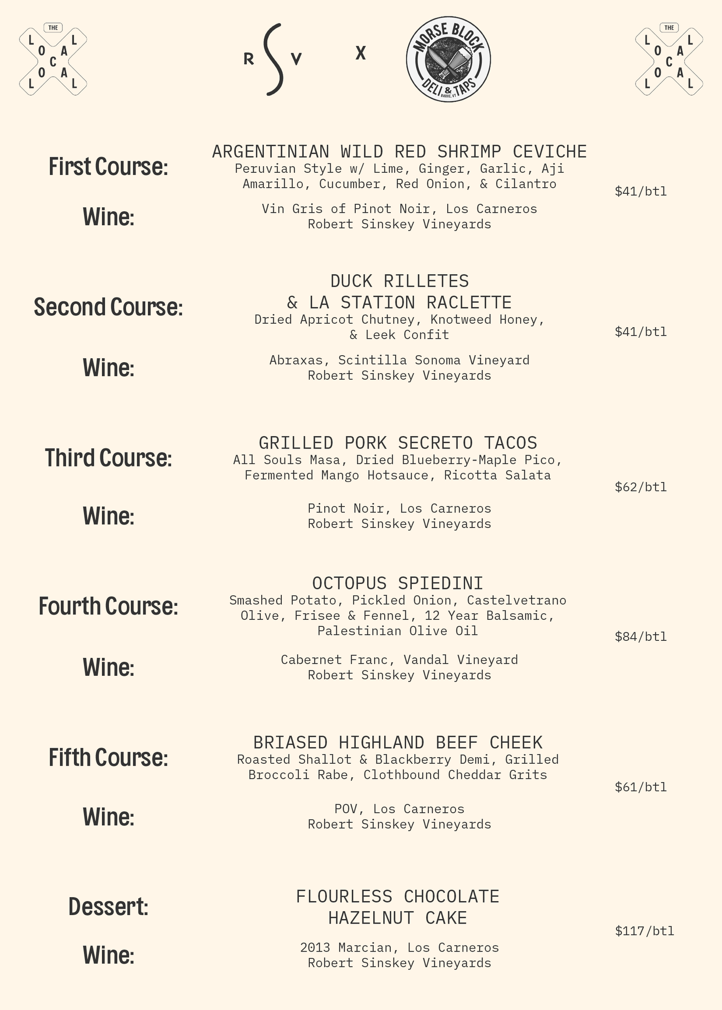 A Dinner w/ Wine Pairings: Hosted by Maria Helm Sinskey of Robert Sinskey Vineyards & Chef Stefano Coppola of Morse Block Deli & Pearl Street Pizza - 6pm-8pm - 5/1/25