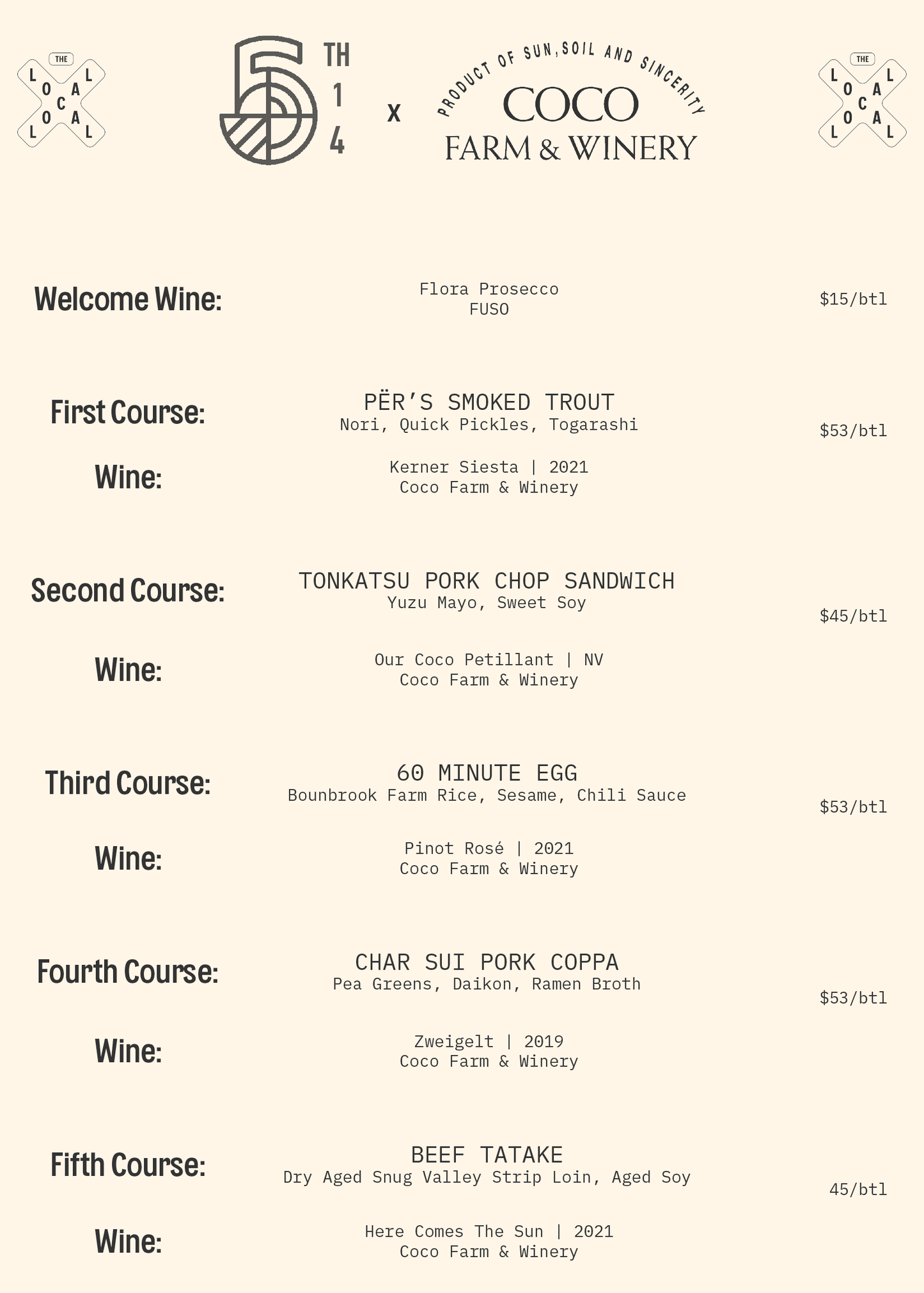 A Dinner w/ Wine Pairings: Hosted by Coco Farm & Winery & Chef Josh Turka of 5th Quarter - 6pm-8pm - 5/16/25