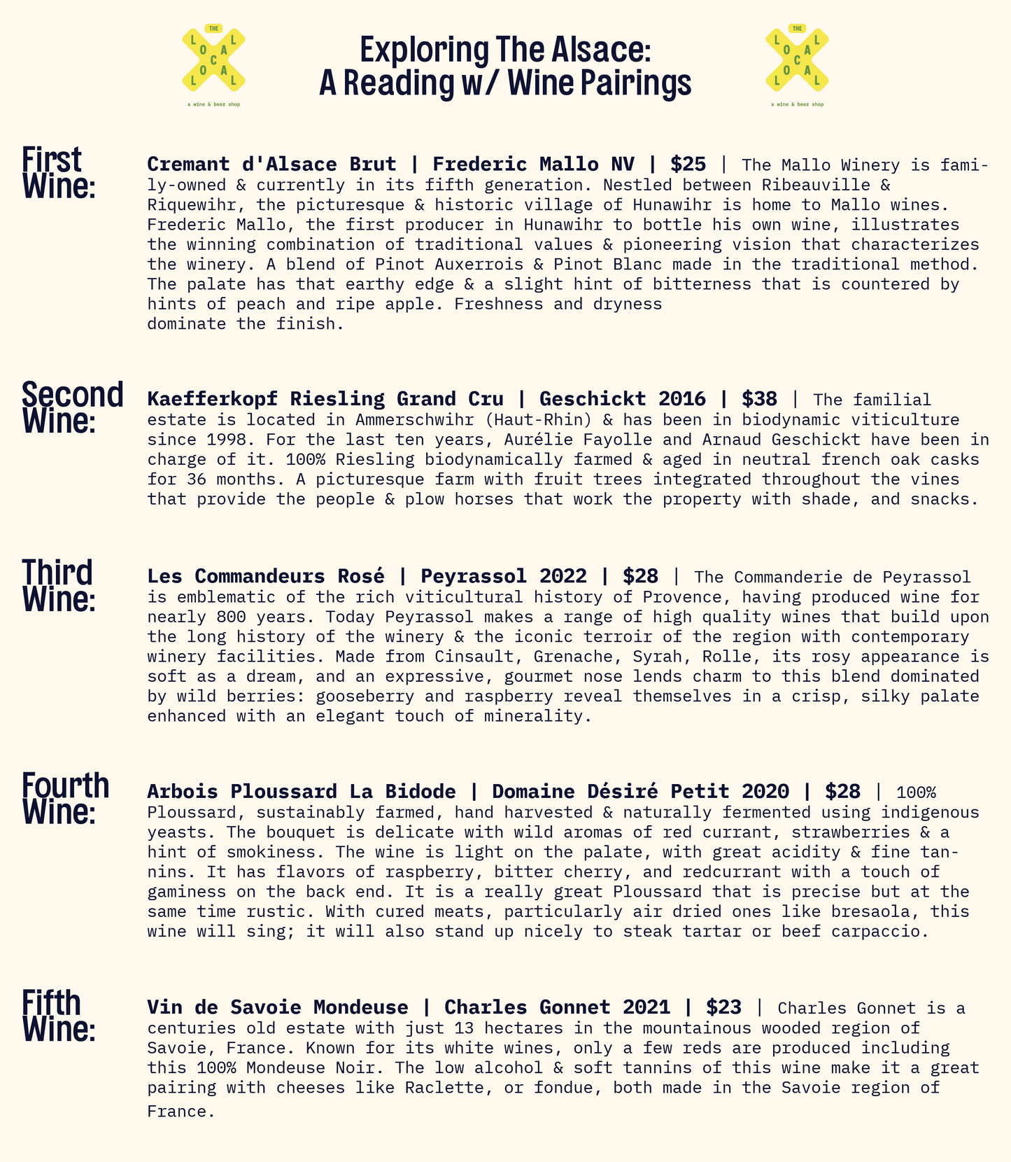 Exploring The Alsace: A Reading w/ Wine Pairings - 6pm-7:30pm - 1/22/24