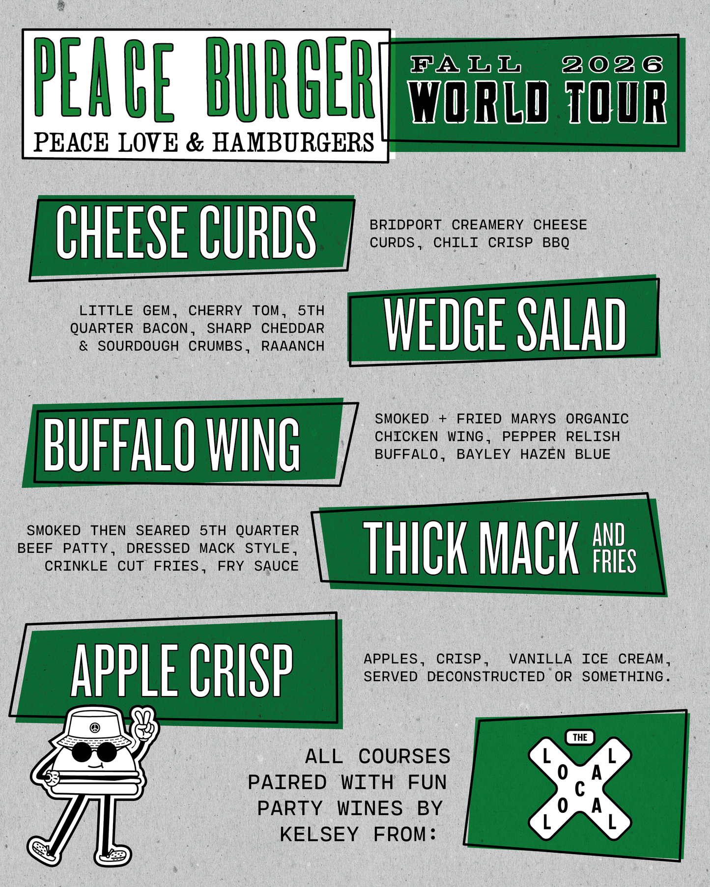 A travel menu poster for Peace Burger's 'Fall 2026 World Tour' featuring various burger dishes like Cheese Curds, Wedge Salad, Buffalo Wing, Thick Mack and Fries, and Apple Crisp, styled with green and white blocks on a textured gray background.