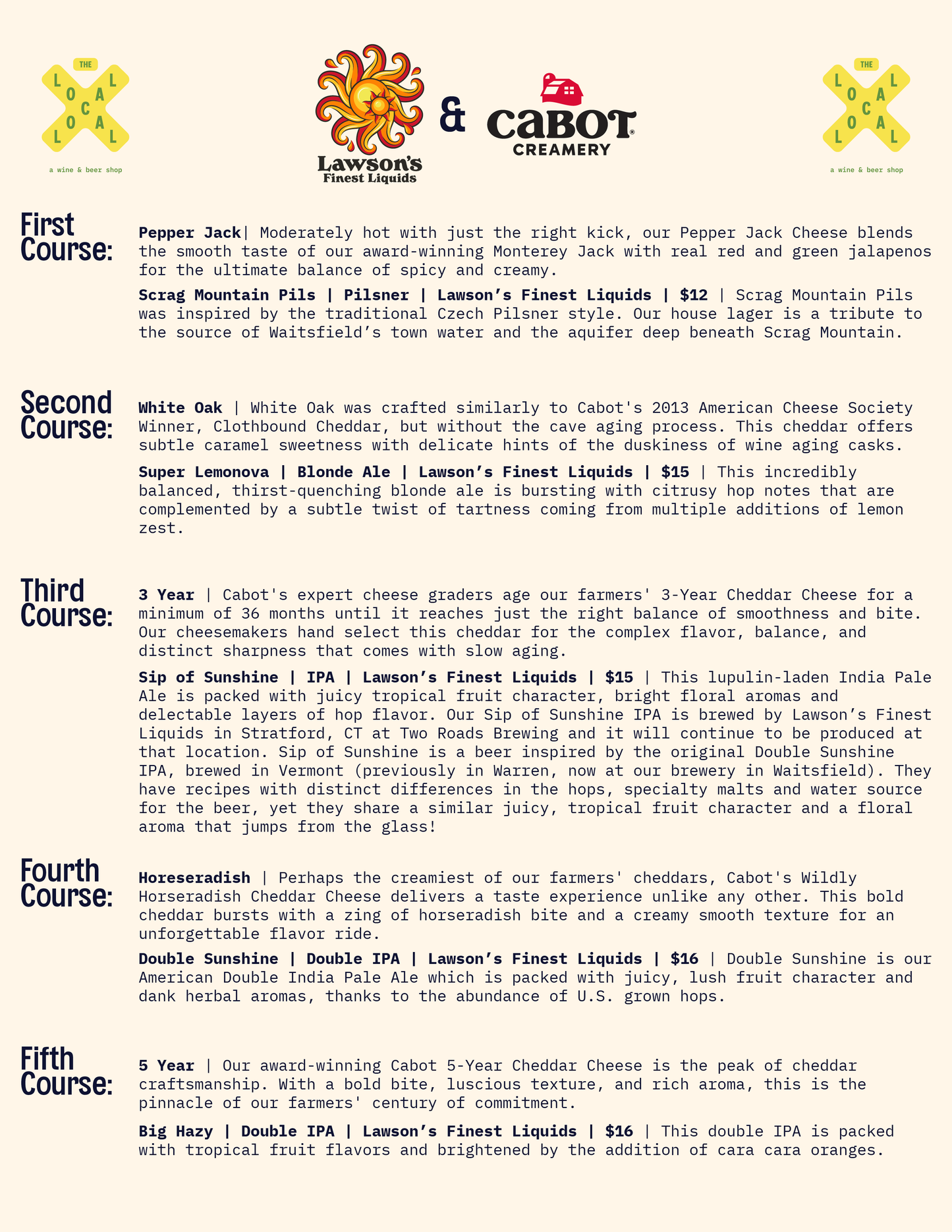 Lawson's Finest Liquids x Cabot Creamery x The Local - 5:30pm-7pm - 8/28/23