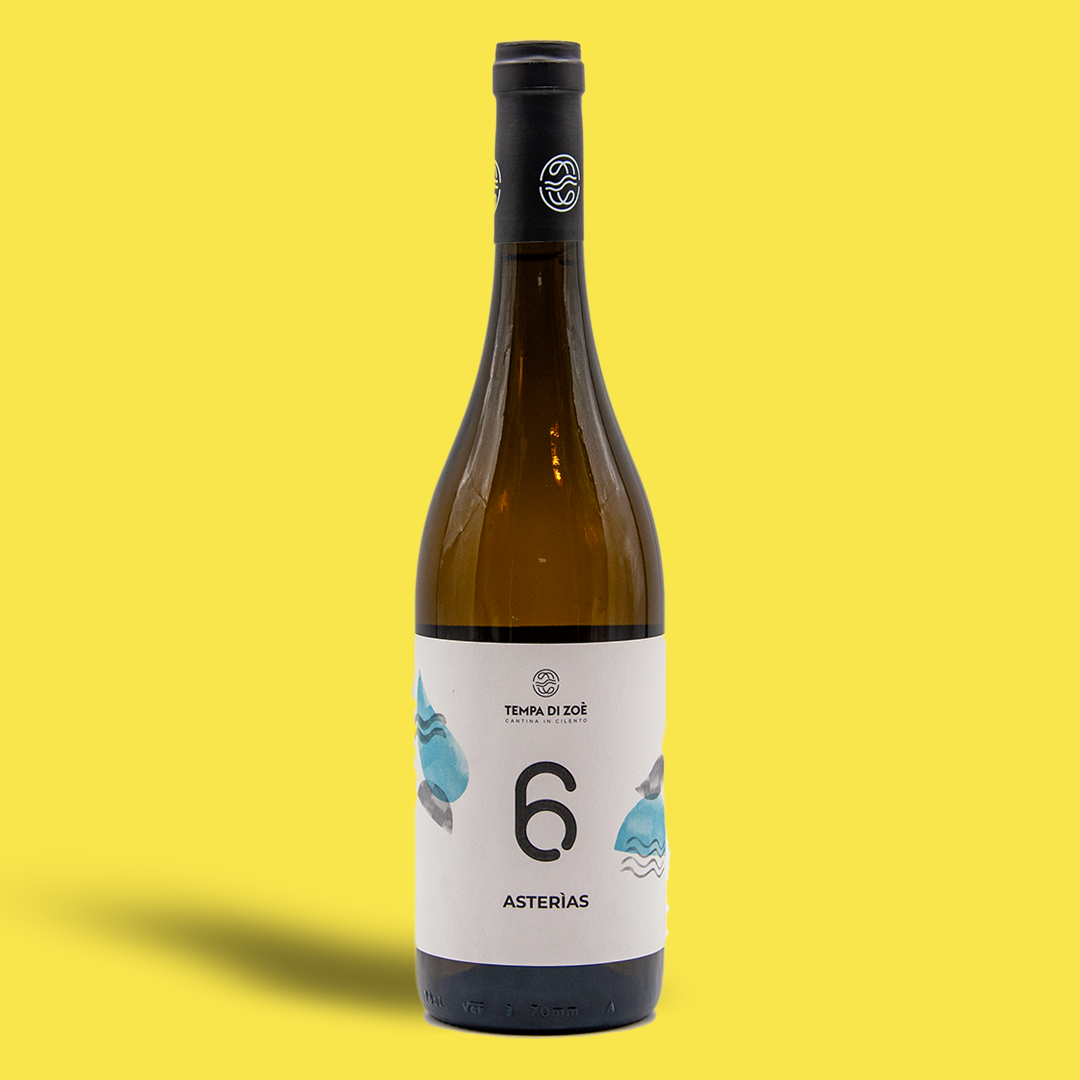 Bottle of Fiano 'Asterias' wine with a white label and blue text, set against a yellow background.