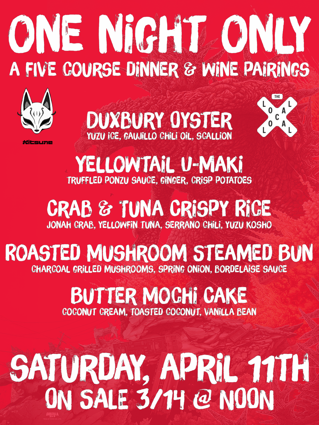 Japanese Dinner w/ Wine Pairings Hosted By Kitsune's Matt Hiebsch & Vermont Wine Merchant's Robert Boehme - 6pm-8pm - 4/11/26
