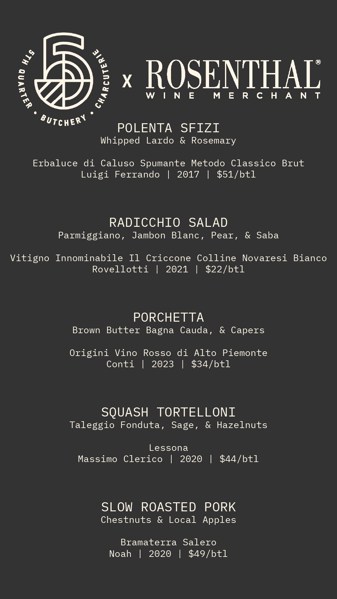 A 5 Course Dinner w/ Wine Pairings Hosted By: 5th Quarter & Rosenthal Wine Merchants - 6pm-8pm - 10/23/25