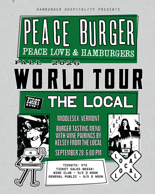 A concert poster for Peace Burger's Fall 2026 World Tour featuring 'The Local' in Middlesex, Vermont. The design has a textured light gray background with bold green and black text blocks, a 'First Stop' logo, and a 'Local' crosshair graphic.