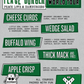 A travel menu poster for Peace Burger's 'Fall 2026 World Tour' featuring various burger dishes like Cheese Curds, Wedge Salad, Buffalo Wing, Thick Mack and Fries, and Apple Crisp, styled with green and white blocks on a textured gray background.