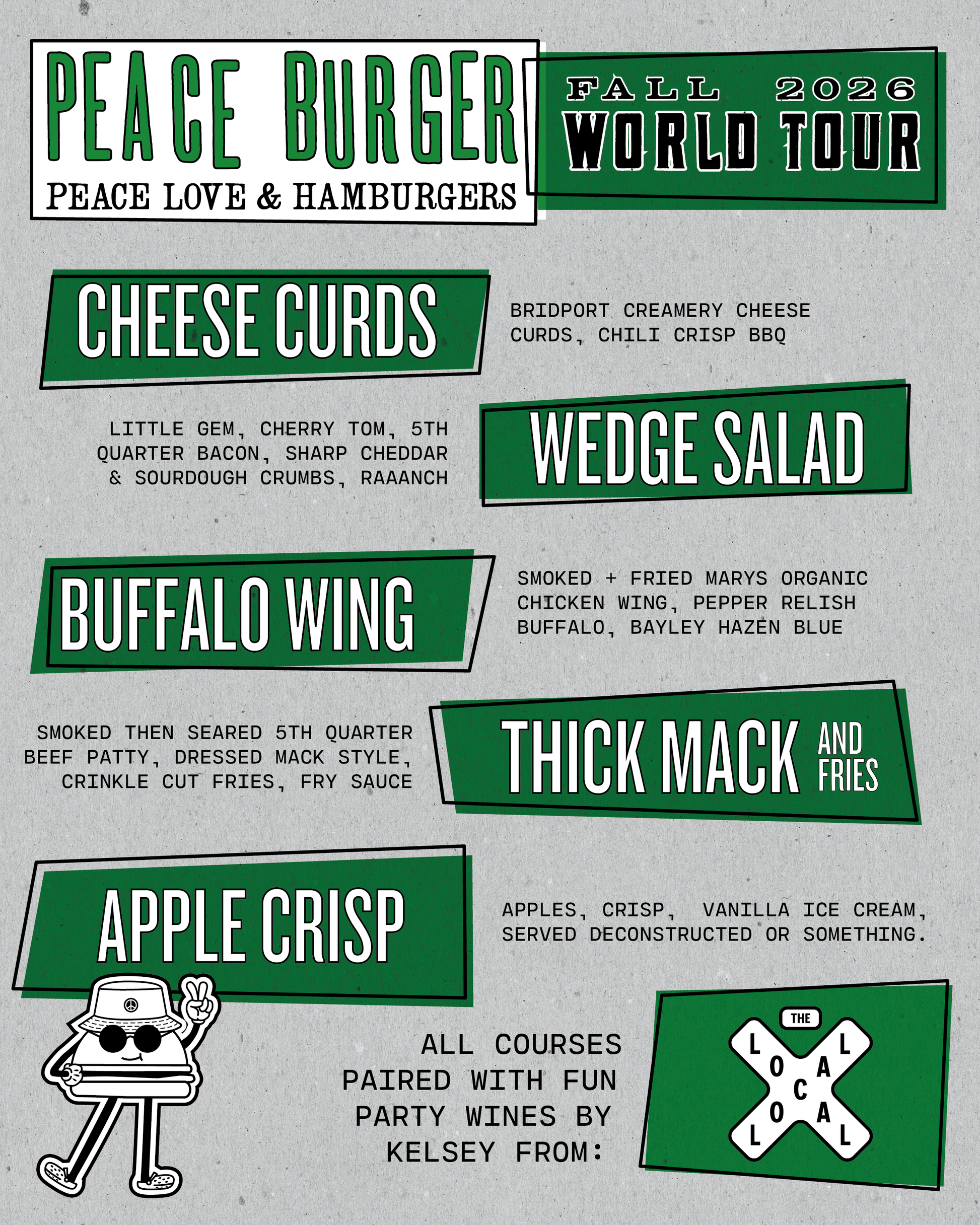 A travel menu poster for Peace Burger's 'Fall 2026 World Tour' featuring various burger dishes like Cheese Curds, Wedge Salad, Buffalo Wing, Thick Mack and Fries, and Apple Crisp, styled with green and white blocks on a textured gray background.